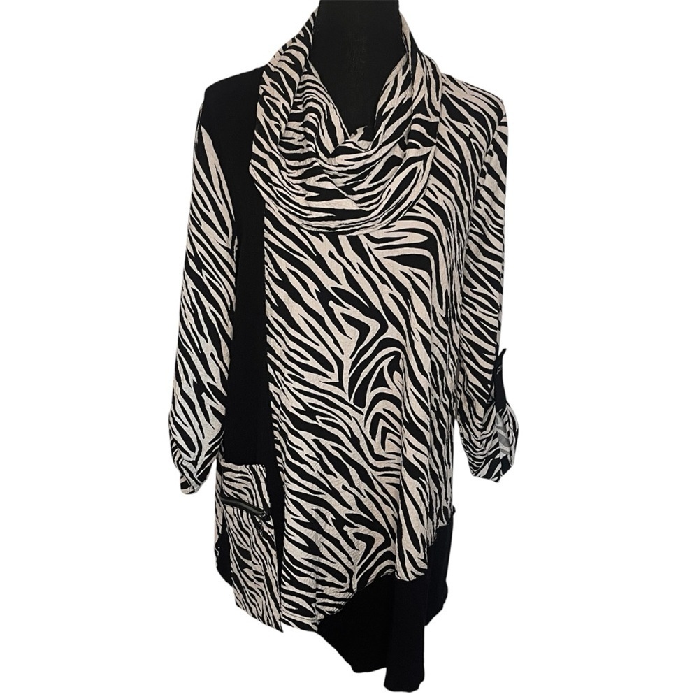 Ali Miles Large Tunic Top Animal Print Stretch Crinkle Texture Asymmetric Pocket